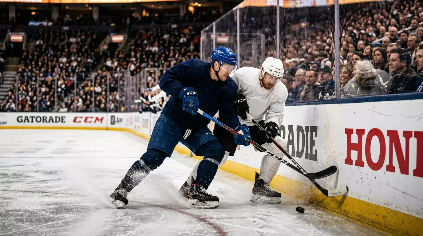 Jugadores de hockey sobre hielo en plena acción durante un partido nocturno de la NHL