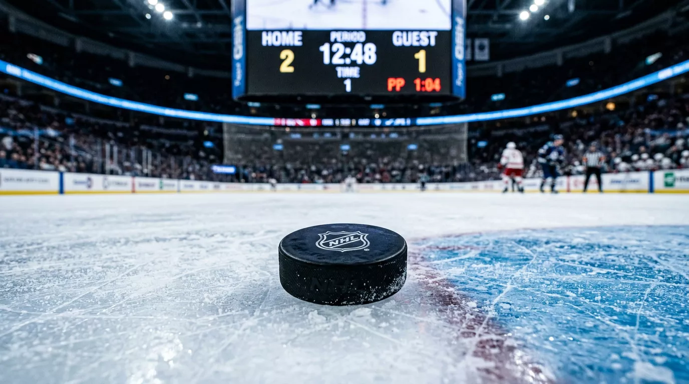 Disco de hockey sobre hielo junto a una pista con marcador electrónico mostrando hándicap de apuestas puck line