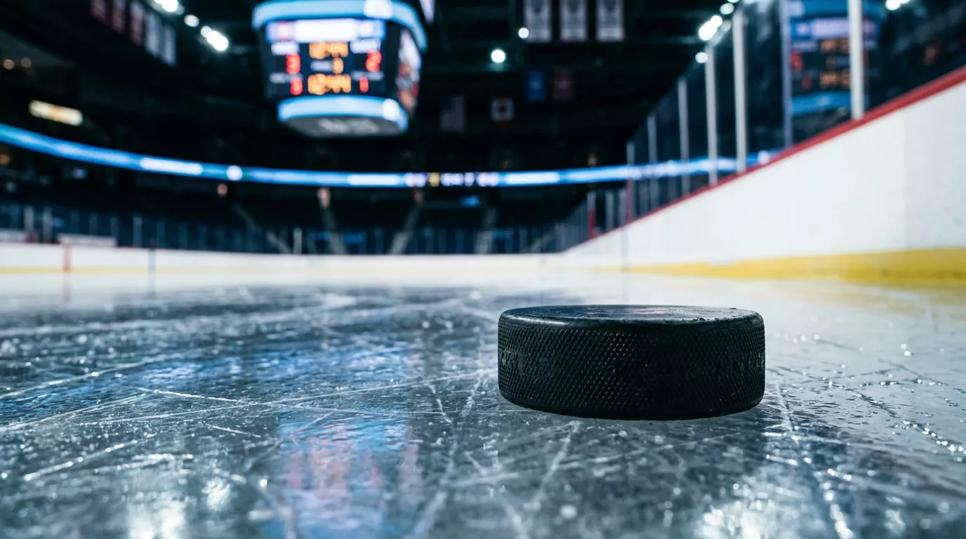 Disco de hockey sobre hielo en la superficie de una pista con marcador visible al fondo